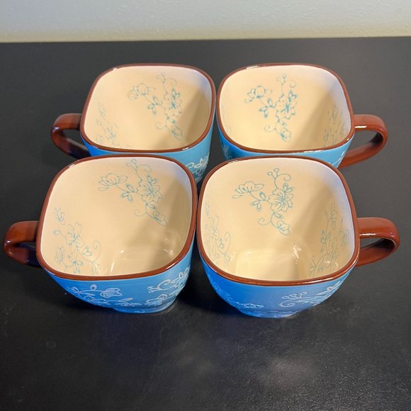 Set of 4 Temp-Tations by Tara ~ Aqua Square Mugs w/ White Floral Lace Pattern - Picture 3 of 12